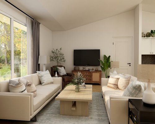 Living room set up with a TV and a tablet on a table